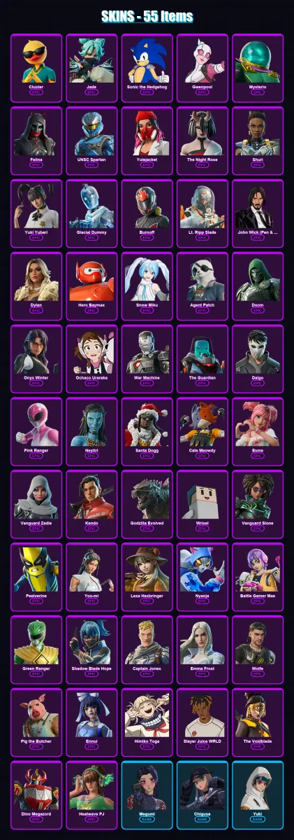 [PC/PSN] | Cluster | Jade | Sonic the Hedgehog | Gwenpool | Mysterio | 55 skin | 122 pickaxe | 83 emote | 72 glider | Lv1185