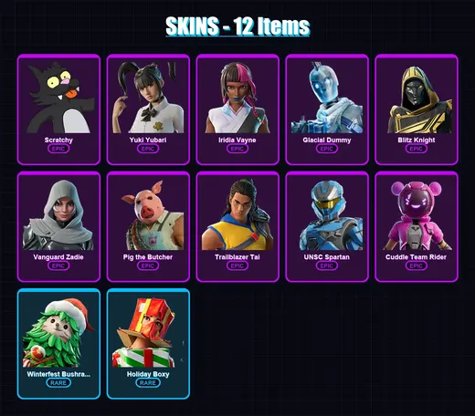 [PC/XBOX/PSN] | Scratchy | Yuki Yubari | Iridia Vayne | Glacial Dummy | Blitz Knight | 12 skin | 84 pickaxe | 45 emote | 59 glider | Lv1408
