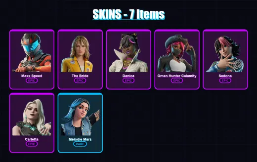 [PC/PSN] | Maxx Speed | The Bride | Danica | Omen Hunter Calamity | Sedona | 7 skin | 3 pickaxe | 4 emote | 4 glider | Lv12