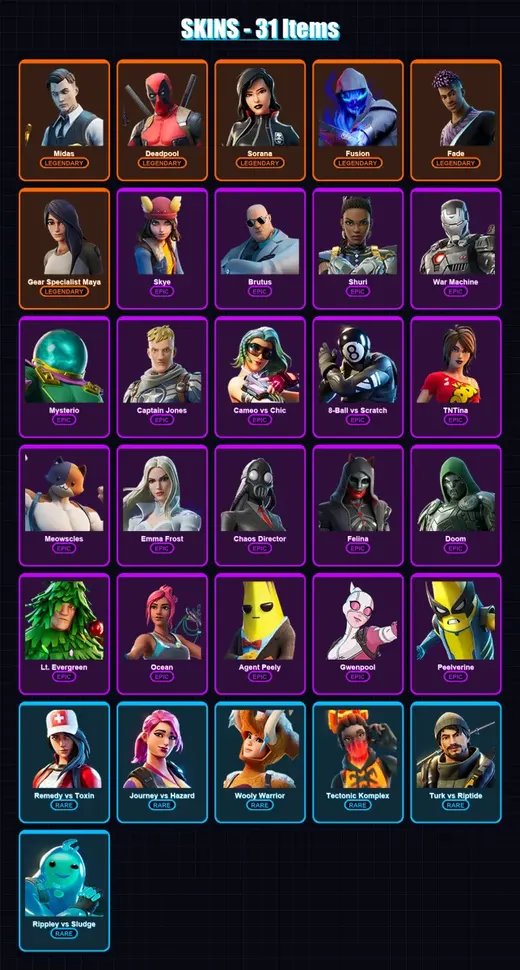 [PC/XBOX/PSN] | Midas | Deadpool | Sorana | Fusion | Fade | 31 skin | 58 pickaxe | 51 emote | 49 glider | Lv896