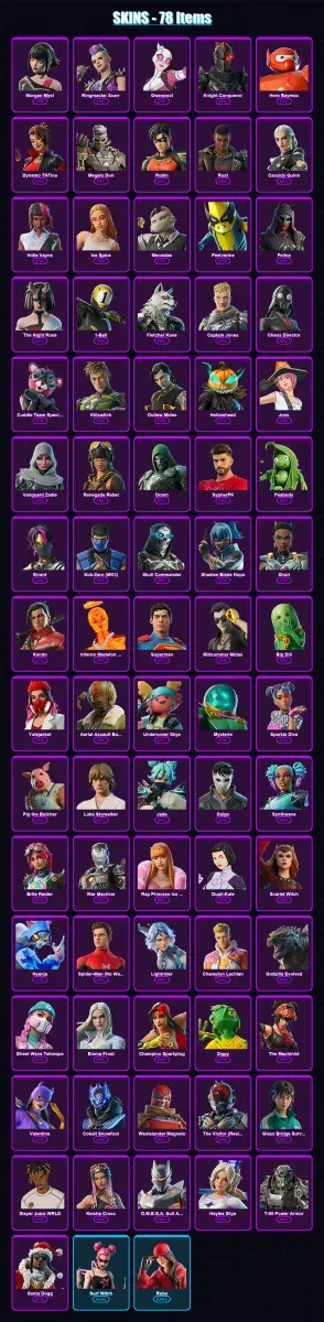 [PS4/PS5/XBOX/PC] | Morgan Myst | Ringmaster Scarr | Gwenpool | Knight Conqueror | Hero Baymax | 78 skin | 121 pickaxe | 86 emote | 84 glider | Lv11