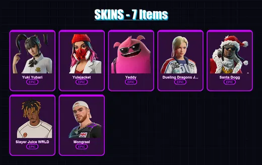 [PS4/PS5/PC] | Yuki Yubari | Yulejacket | Yeddy | Dueling Dragons Jackie | Santa Dogg | 7 skin | 60 pickaxe | 23 emote | 42 glider | Lv537 — Game account