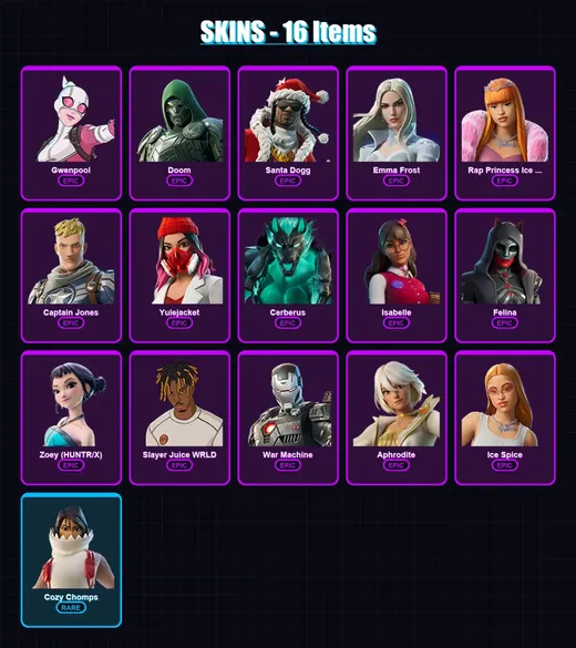 [PC/XBOX/PSN] | Gwenpool | Doom | Santa Dogg | Emma Frost | Rap Princess Ice Spice | 16 skin | 32 pickaxe | 21 emote | 18 glider | Lv246