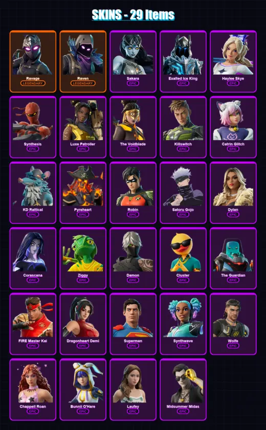 [SWITCH/PSN/PC] | Ravage | Raven | Sakara | Exalted Ice King | Haylee Skye | 29 skin | 51 pickaxe | 28 emote | 32 glider | Lv308