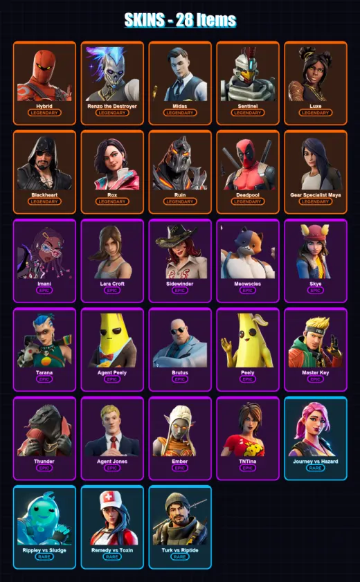 [PC/XBOX/PSN] | Hybrid | Renzo the Destroyer | Midas | Sentinel | Luxe | 28 skin | 30 pickaxe | 31 emote | 33 glider | Lv490