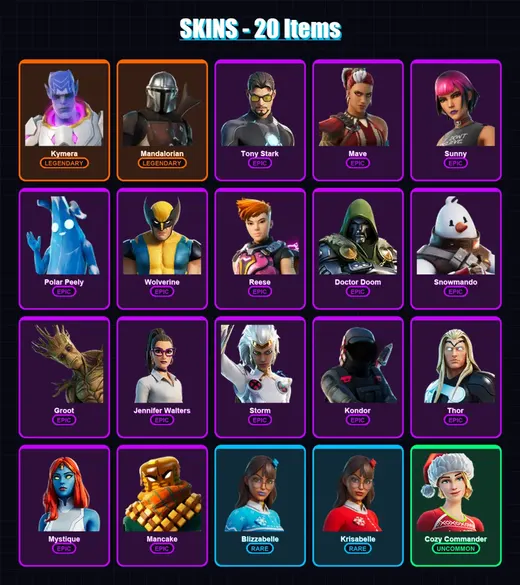 [PS4/PS5/XBOX/PC] | Kymera | Mandalorian | Tony Stark | Mave | Sunny | 20 skin | 21 pickaxe | 25 emote | 20 glider | Lv316