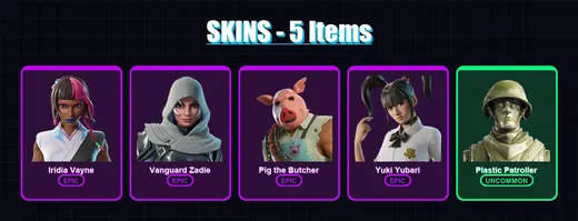 [PC/XBOX/PSN] | Iridia Vayne | Vanguard Zadie | Pig the Butcher | Yuki Yubari | Plastic Patroller | 5 skin | 62 pickaxe | 23 emote | 40 glider | Lv5