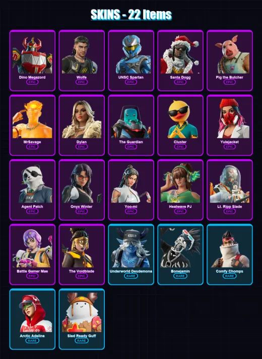 [PC/XBOX/PSN] | Dino Megazord | Wolfe | UNSC Spartan | Santa Dogg | Pig the Butcher | 22 skin | 51 pickaxe | 35 emote | 36 glider | Lv409