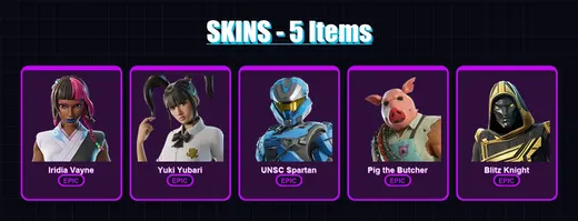 [PC/PSN] | Iridia Vayne | Yuki Yubari | UNSC Spartan | Pig the Butcher | Blitz Knight | 5 skin | 56 pickaxe | 21 emote | 34 glider | Lv670 — Game account