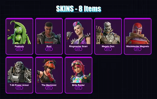 [PS4/PS5/XBOX/PC] | Peabody | Rust | Ringmaster Scarr | Megalo Don | Wastelander Magneto | 8 skin | 23 pickaxe | 21 emote | 20 glider | Lv518 — Game account