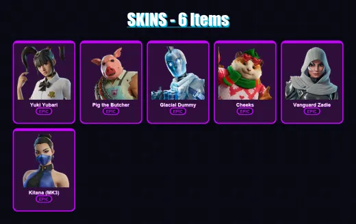 [SWITCH/XBOX/PSN/PC] | Yuki Yubari | Pig the Butcher | Glacial Dummy | Cheeks | Vanguard Zadie | 6 skin | 58 pickaxe | 21 emote | 35 glider | Lv658