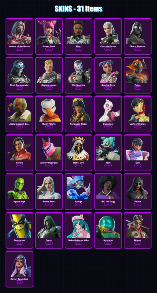 [PC/XBOX/PSN] | Haruka of the Masks | Power Punk | Shuri | Cassidy Quinn | Chaos Director | 31 skin | 33 pickaxe | 19 emote | 18 glider | Lv198
