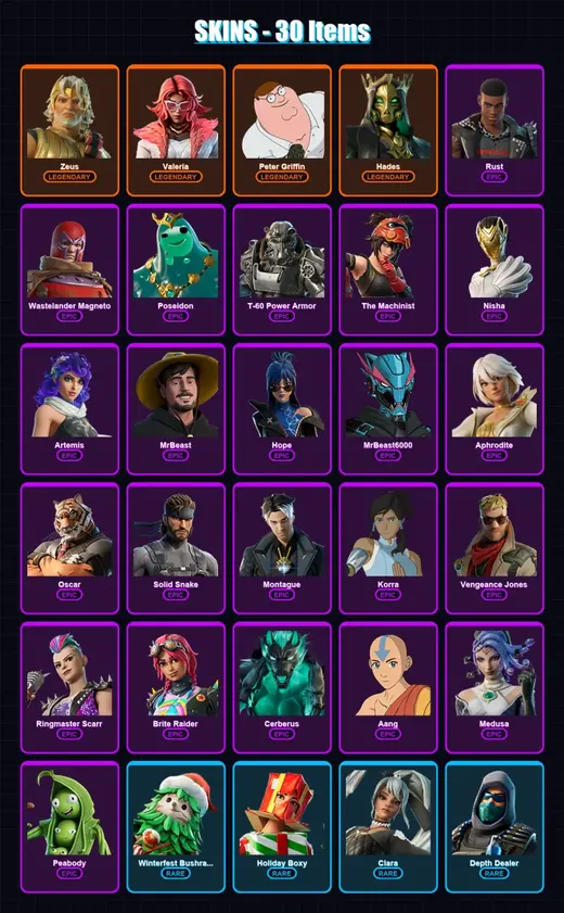 [PS4/PS5/XBOX/PC] | Zeus | Valeria | Peter Griffin | Hades | Rust | 30 skin | 53 pickaxe | 51 emote | 38 glider | Lv579 — Game account