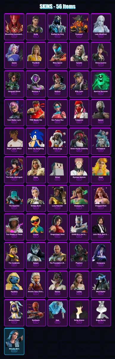 [PC/PSN] | Blood-Red Commander Igris | Wolfe | Exalted Ice King | Pyreheart | Lady Windfrost | 56 skin | 70 pickaxe | 41 emote | 36 glider | Lv348