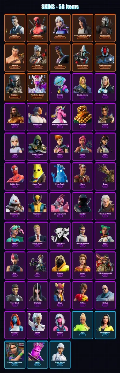 [PC/PSN] | Midas | Deadpool | Torin | Gear Specialist Maya | Mandalorian | 58 skin | 67 pickaxe | 60 emote | 68 glider | Lv888