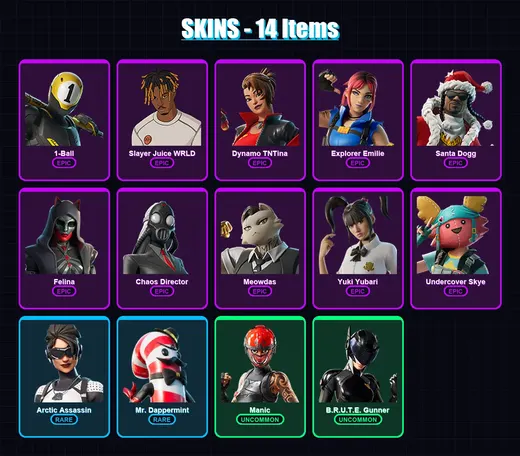 [PC/XBOX/PSN] | 1-Ball | Slayer Juice WRLD | Dynamo TNTina | Explorer Emilie | Santa Dogg | 14 skin | 38 pickaxe | 20 emote | 27 glider | Lv772