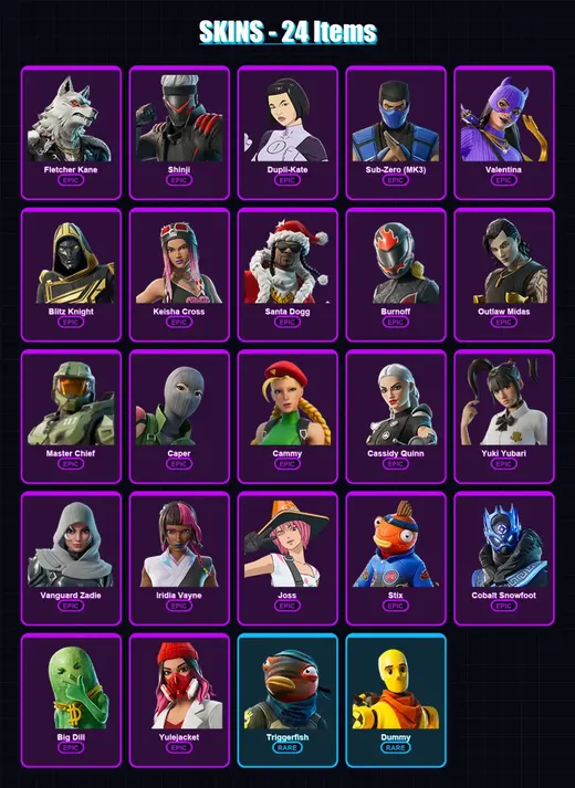 [PS4/PS5/XBOX/PC] | Fletcher Kane | Shinji | Dupli-Kate | Sub-Zero (MK3) | Valentina | 24 skin | 72 pickaxe | 35 emote | 47 glider | Lv790