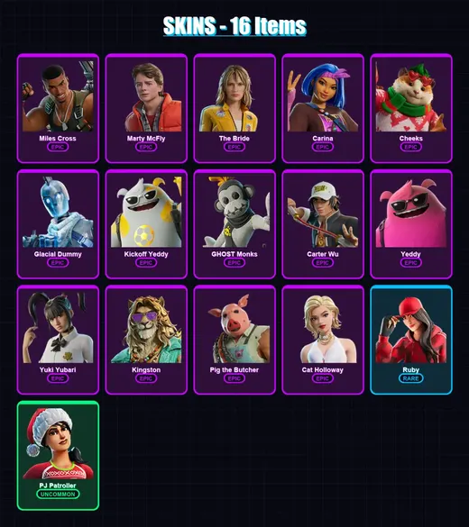 [PC/XBOX] | Miles Cross | Marty McFly | The Bride | Carina | Cheeks | 16 skin | 42 pickaxe | 22 emote | 30 glider | Lv404 — Game account
