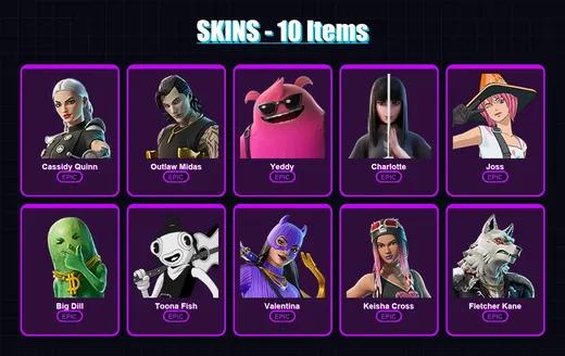 [PC/PSN] | Cassidy Quinn | Outlaw Midas | Yeddy | Charlotte | Joss | 10 skin | 36 pickaxe | 23 emote | 33 glider | Lv657