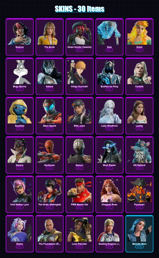 [PC/PSN] | Sedona | The Bride | Omen Hunter Calamity | Gale | Soleil | 30 skin | 40 pickaxe | 25 emote | 23 glider | Lv246