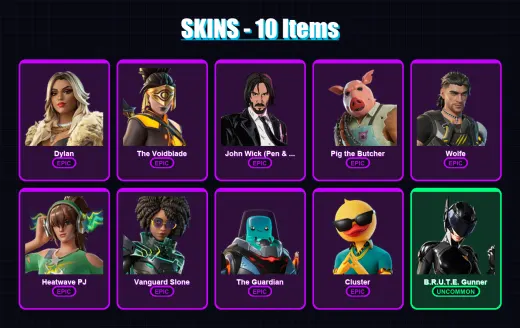 [PC/XBOX/PSN] | Dylan | The Voidblade | John Wick (Pen & Ink) | Pig the Butcher | Wolfe | 10 skin | 25 pickaxe | 17 emote | 22 glider | Lv243