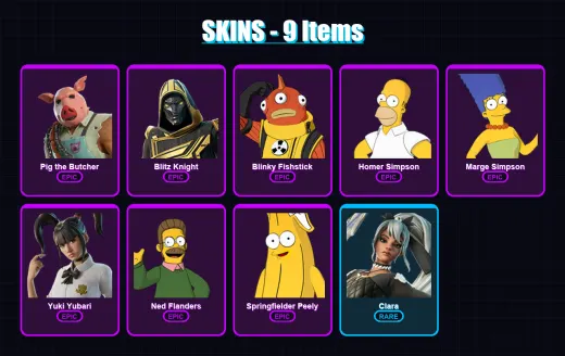 [PC/XBOX/PSN] | Pig the Butcher | Blitz Knight | Blinky Fishstick | Homer Simpson | Marge Simpson | 9 skin | 26 pickaxe | 10 emote | 18 glider | Lv1