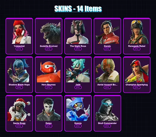 [PC/XBOX/PSN] | Yulejacket | Godzilla Evolved | The Night Rose | Kendo | Renegade Rebel | 14 skin | 19 pickaxe | 15 emote | 15 glider | Lv119 — Game account