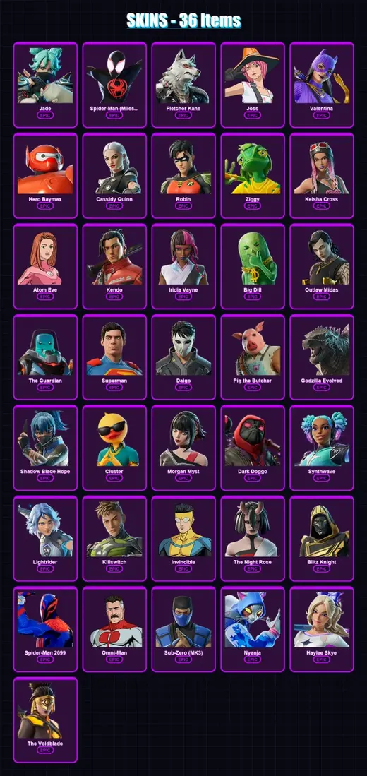 [PS4/PS5/XBOX/PC] | Jade | Spider-Man (Miles Morales) | Fletcher Kane | Joss | Valentina | 36 skin | 77 pickaxe | 58 emote | 52 glider | Lv720 — Game account