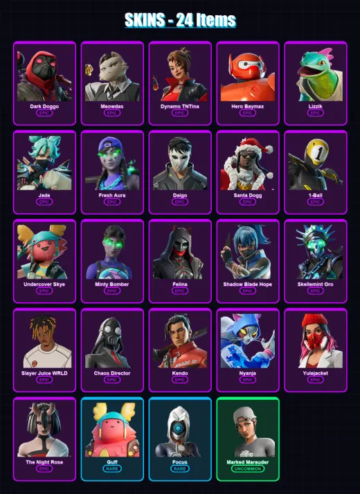 [PC] | Dark Doggo | Meowdas | Dynamo TNTina | Hero Baymax | Lizzik | 24 skin | 44 pickaxe | 23 emote | 29 glider | Lv393