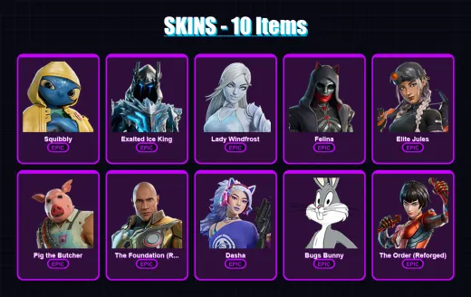 [PC/XBOX/PSN] | Squibbly | Exalted Ice King | Lady Windfrost | Felina | Elite Jules | 10 skin | 37 pickaxe | 16 emote | 26 glider | Lv287