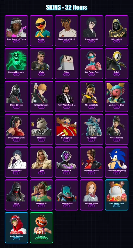 [PC/XBOX] | Tour Ready Lil Tecca | Cluster | Slayer Juice WRLD | Rukia Kuchiki | Blitz Knight | 32 skin | 83 pickaxe | 48 emote | 59 glider | Lv735 — Game account