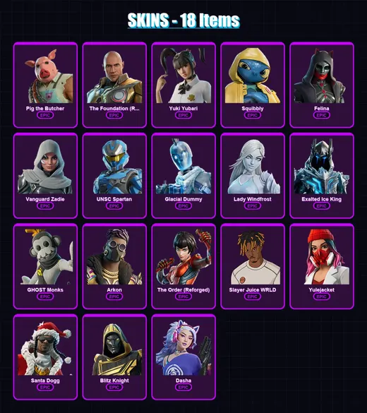 [PC/XBOX/PSN] | Pig the Butcher | The Foundation (Reforged) | Yuki Yubari | Squibbly | Felina | 18 skin | 98 pickaxe | 43 emote | 66 glider | Lv1351