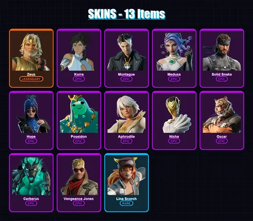 [PC/XBOX] | Zeus | Korra | Montague | Medusa | Solid Snake | 13 skin | 28 pickaxe | 18 emote | 24 glider | Lv253