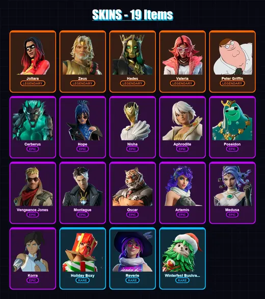 [PC/XBOX/PSN] | Joltara | Zeus | Hades | Valeria | Peter Griffin | 19 skin | 26 pickaxe | 19 emote | 17 glider | Lv301