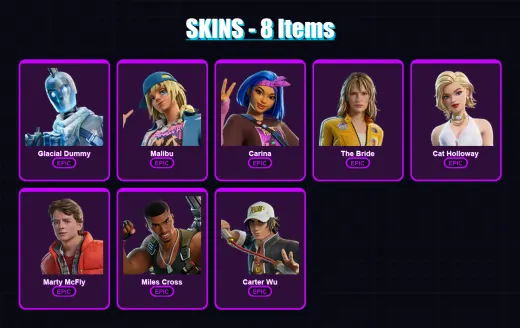 [PC/PSN] | Glacial Dummy | Malibu | Carina | The Bride | Cat Holloway | 8 skin | 29 pickaxe | 17 emote | 19 glider | Lv156