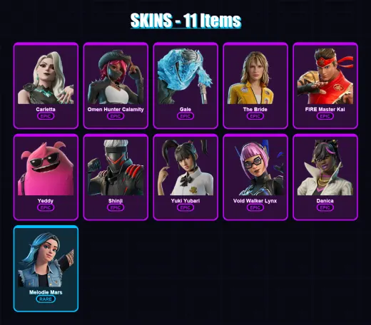 [PC] | Carletta | Omen Hunter Calamity | Gale | The Bride | FIRE Master Kai | 11 skin | 24 pickaxe | 9 emote | 12 glider | Lv91