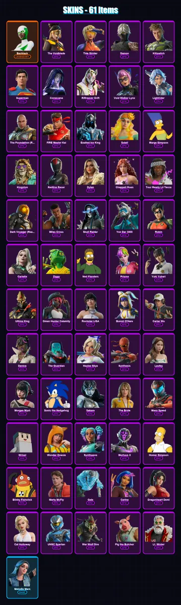 [PC/PSN] | Backlash | The Voidblade | Tide Strider | Damon | Killswitch | 61 skin | 89 pickaxe | 48 emote | 47 glider | Lv614