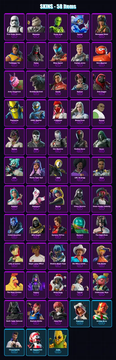 [SWITCH/PC] | First Order Stormtrooper | Meowdas | Kyran Aryk | Nyanja | Renegade Rebel | 58 skin | 88 pickaxe | 50 emote | 47 glider | Lv681