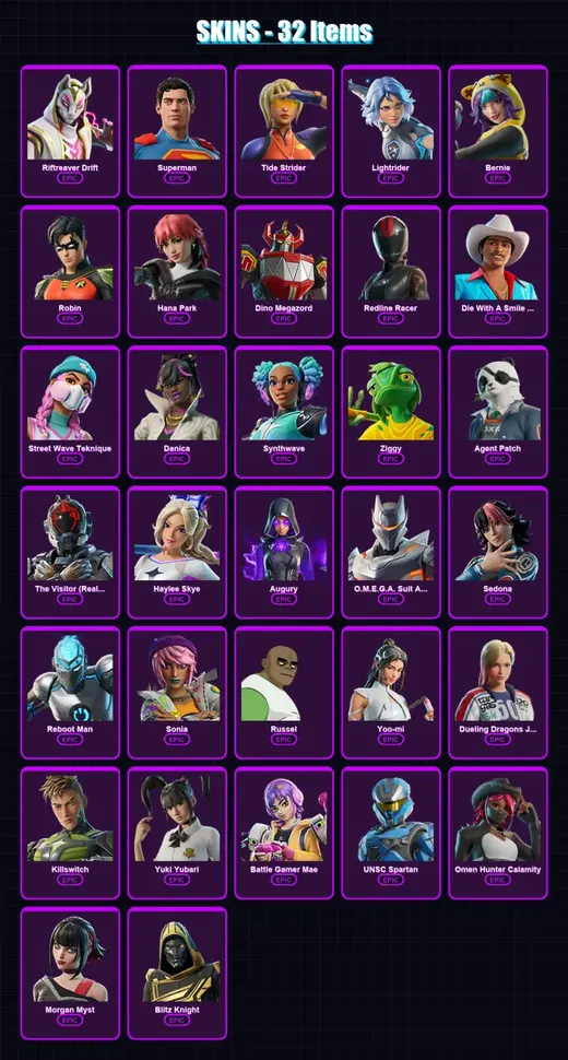 [PC/PSN] | Riftreaver Drift | Superman | Tide Strider | Lightrider | Bernie | 32 skin | 44 pickaxe | 37 emote | 28 glider | Lv303 — Game account