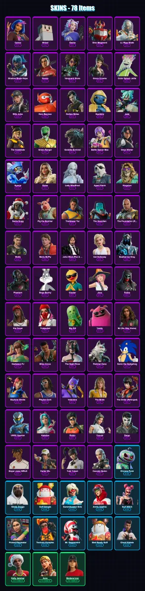 [PC/XBOX/PSN] | Carina | Wrixel | Dasha | Dino Megazord | Lt. Ripp Slade | 78 skin | 139 pickaxe | 106 emote | 105 glider | Lv2444
