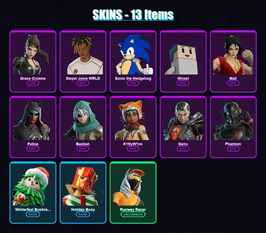 [PS4/PS5/PC] | Grace Crowne | Slayer Juice WRLD | Sonic the Hedgehog | Wrixel | Mali | 13 skin | 56 pickaxe | 37 emote | 46 glider | Lv800