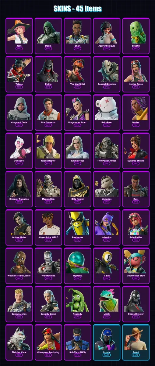 [PC/PSN] | Joss | Doom | Shuri | Apprentice Evie | Big Dill | 45 skin | 109 pickaxe | 53 emote | 67 glider | Lv1468