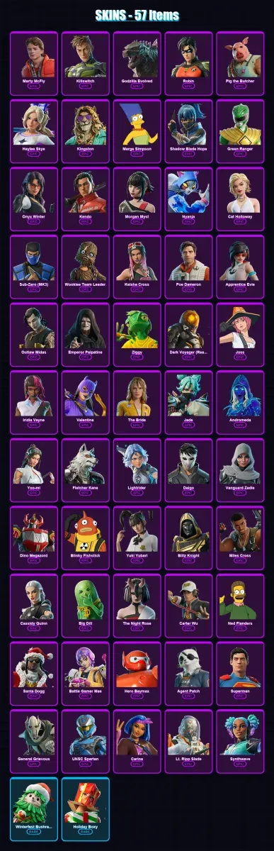 [PS4/PS5/PC] | Marty McFly | Killswitch | Godzilla Evolved | Robin | Pig the Butcher | 57 skin | 103 pickaxe | 65 emote | 71 glider | Lv928