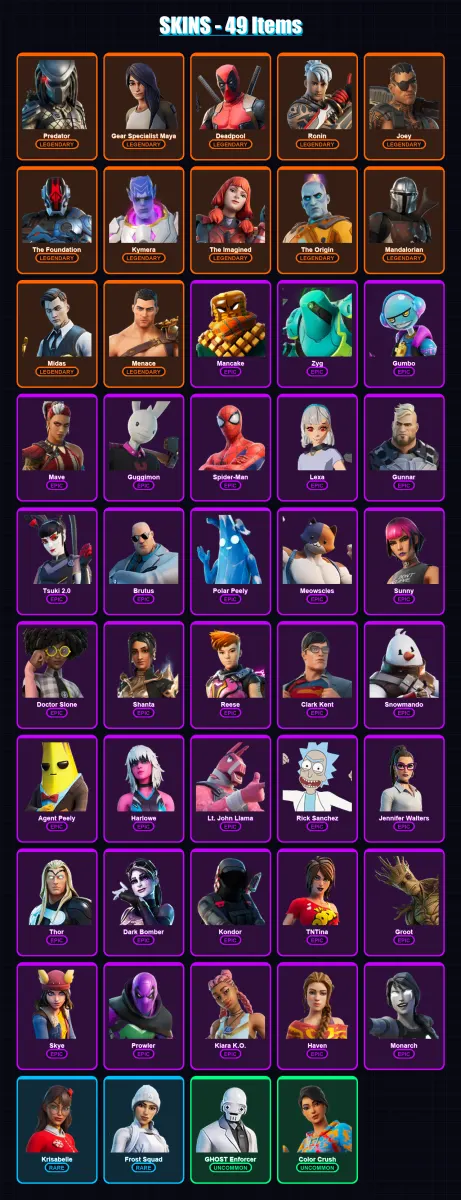 [PC/PSN] | Predator | Gear Specialist Maya | Deadpool | Ronin | Joey | 49 skin | 52 pickaxe | 58 emote | 55 glider | Lv1006