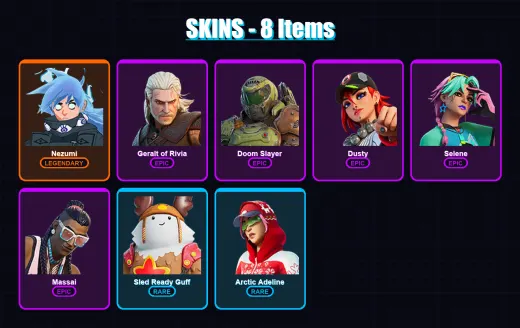 [PC/XBOX] | Nezumi | Geralt of Rivia | Doom Slayer | Dusty | Selene | 8 skin | 12 pickaxe | 11 emote | 14 glider | Lv121