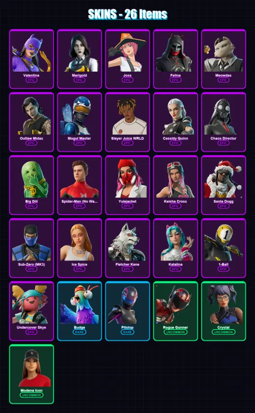 [PC/XBOX/PSN] | Valentina | Marigold | Joss | Felina | Meowdas | 26 skin | 72 pickaxe | 47 emote | 44 glider | Lv627