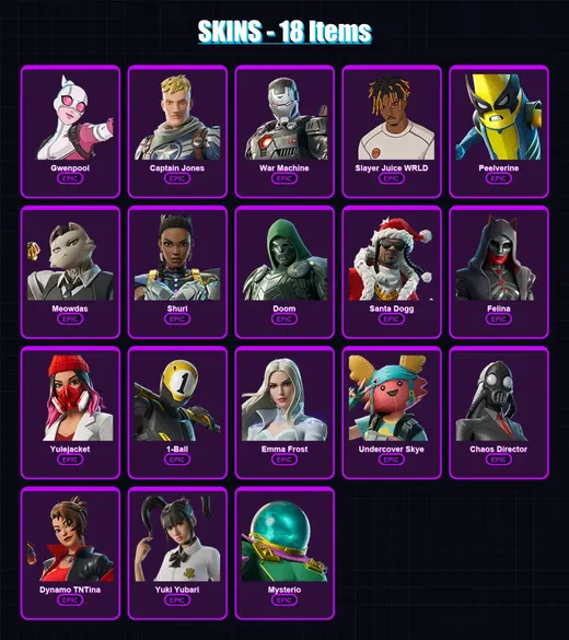 [PC/PSN] | Gwenpool | Captain Jones | War Machine | Slayer Juice WRLD | Peelverine | 18 skin | 57 pickaxe | 29 emote | 41 glider | Lv740