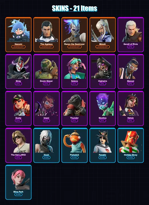 [PC/PSN] | Nezumi | The Ageless | Renzo the Destroyer | Mizuki | Geralt of Rivia | 21 skin | 23 pickaxe | 18 emote | 19 glider | Lv229
