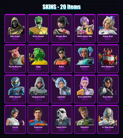 [PC/XBOX/PSN] | Blitz Knight | Green Ranger | Morgan Myst | Battle Gamer Mae | Haylee Skye | 20 skin | 67 pickaxe | 36 emote | 46 glider | Lv763