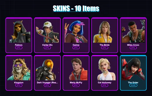 [PC/XBOX/PSN] | Felinos | Carter Wu | Carina | The Bride | Miles Cross | 10 skin | 19 pickaxe | 16 emote | 16 glider | Lv221